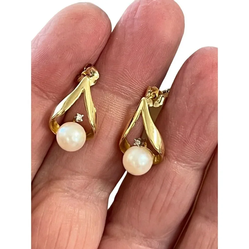 Vintage Signed UL 14K Gold Pearl Diamond Drop Pierced Earrings - Picture 7 of 10